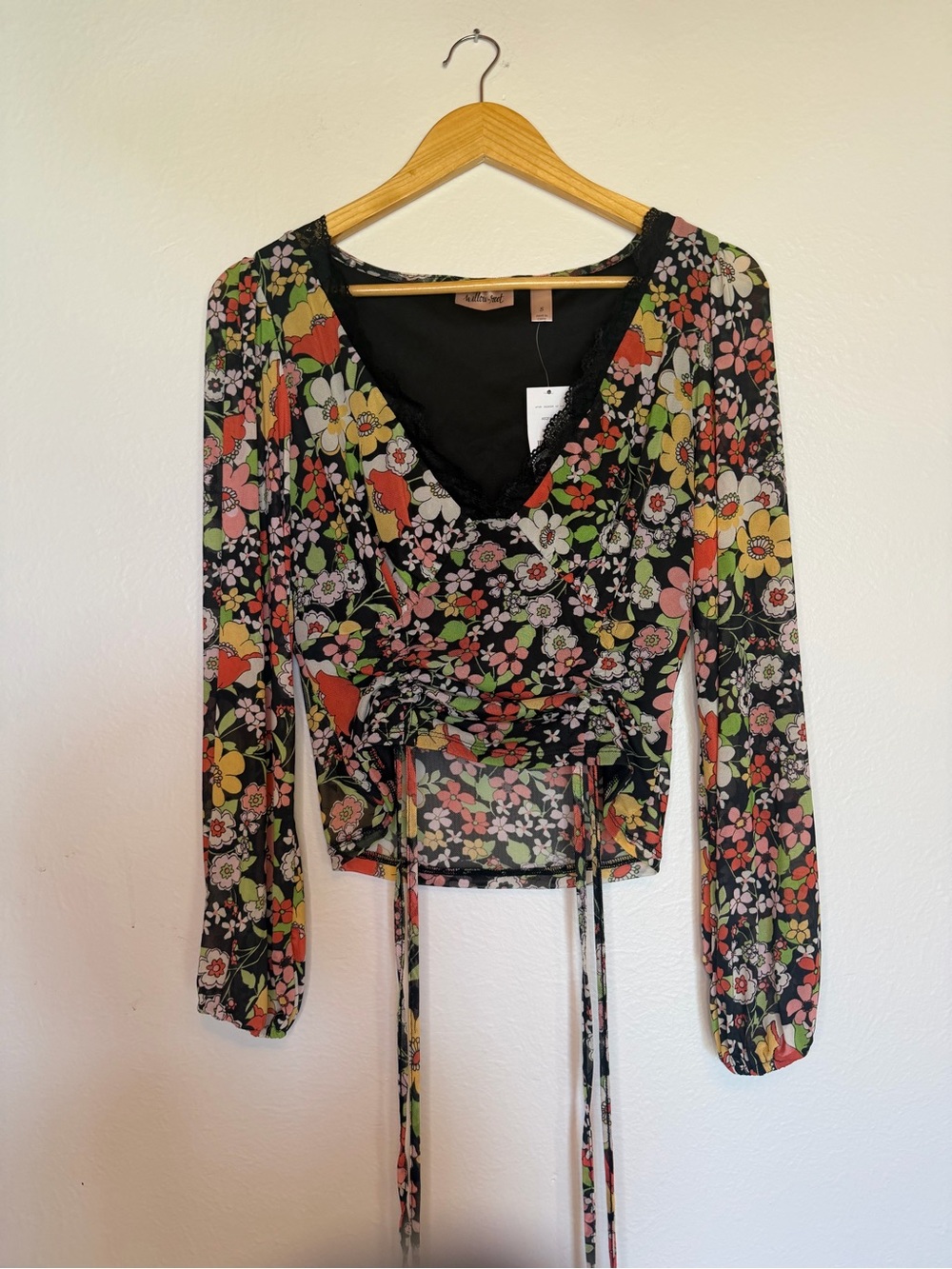 Willow & Root Floral Wrap V-Neck Long Sleeve Top - Black Multi Y2K